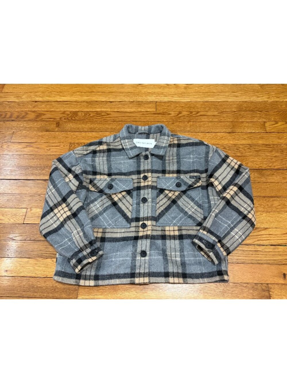 Calvin Klein Jeans Womens Flannel Shirt Jacket Shacket Size Small Gray Plaid